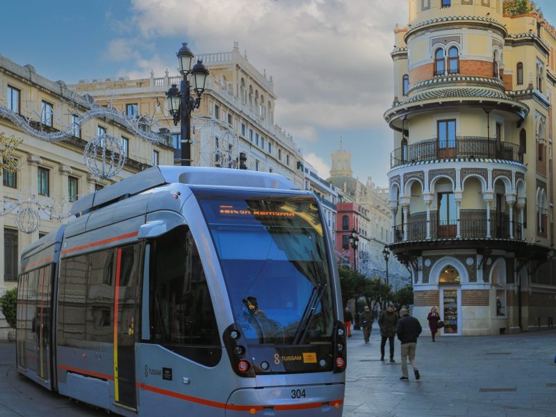 Seville, Spain - November 15, 2018: Tram transporting people in the central part of the Zaragoza city city, Spain